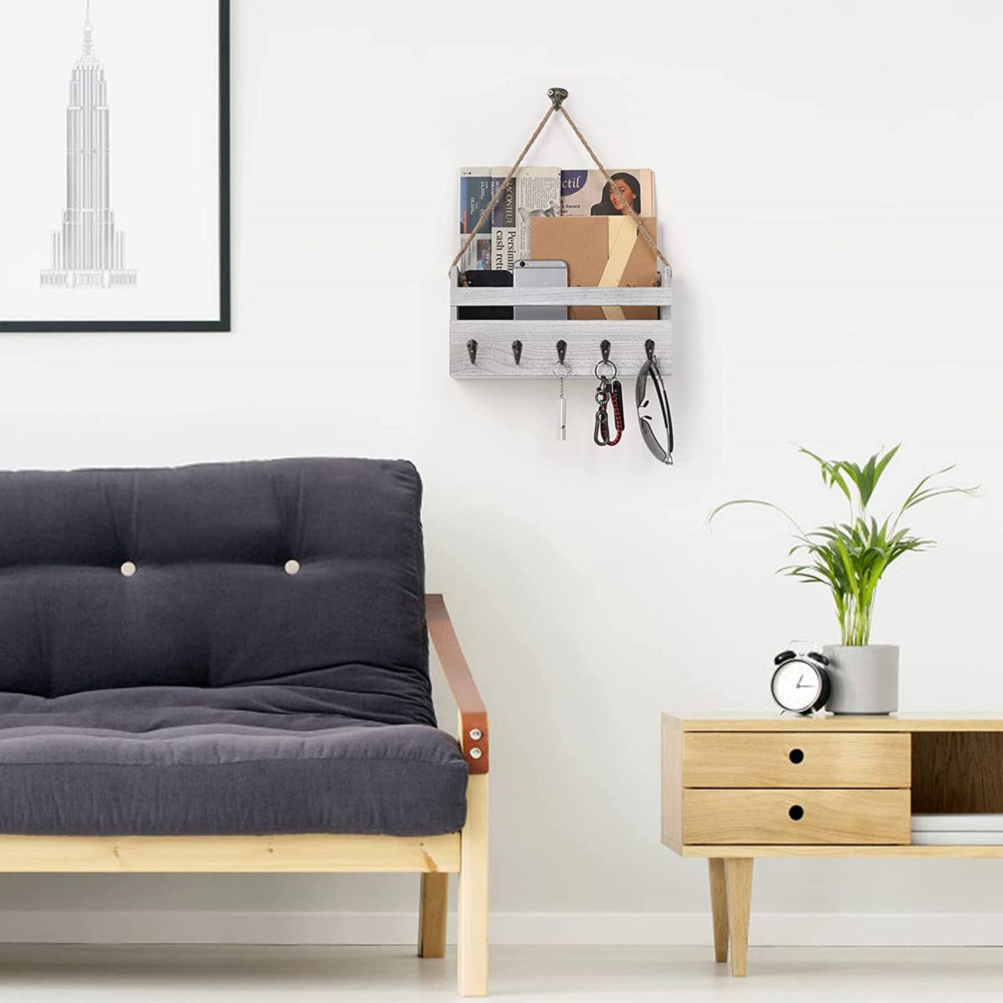 NEX™ Gray-Whitewash Hanging Wall-Mounted Mail Organizer with 5 Hooks